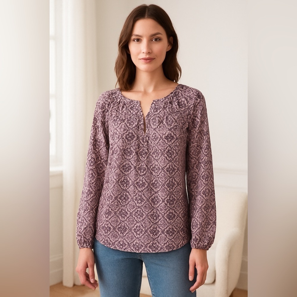 LOFT Ditzy Floral Peasant Tunic Blouse Women’s L Cottagecore Coastal Preppy